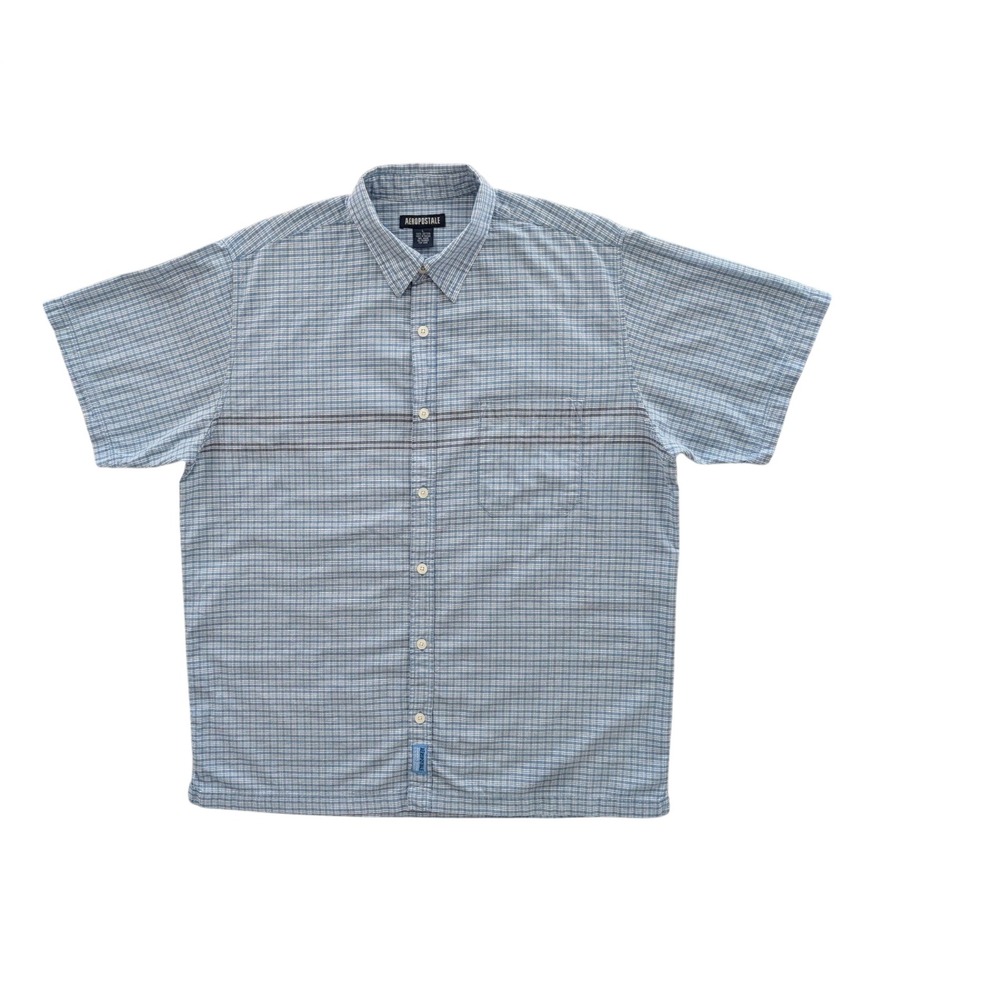 Aeropostale Mens Shirt‎ Large Blue Plaid Short Sleeve Button Up Cotton  Pocket